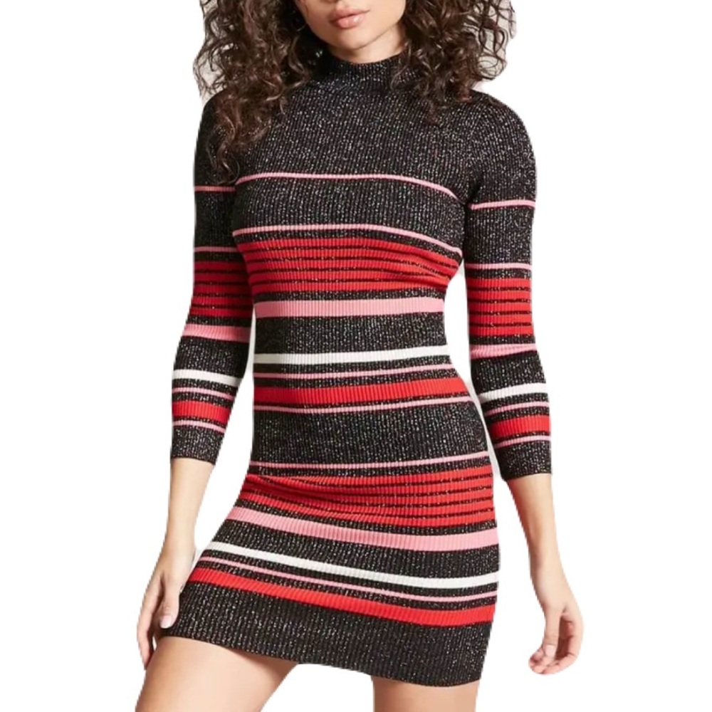 Sparkly Striped Mock Neck Sweater Dress, Black and Red, S